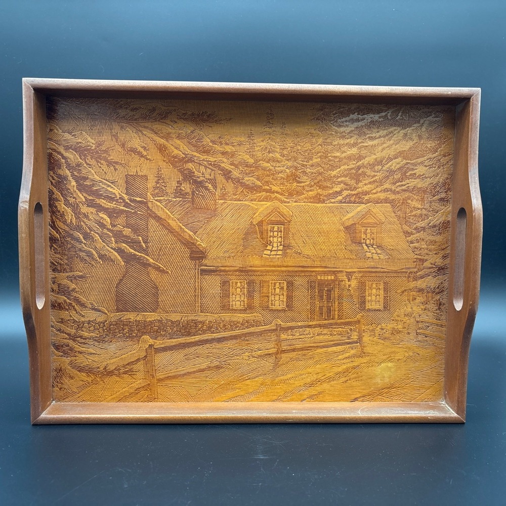 Vintage House of Lloyd Wood Serving Tray Etched Winter Cabin Scene 14.75"